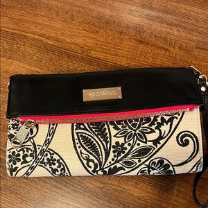 Spartina 449 Black & Cream Floral Wristlet with Pink Zipper